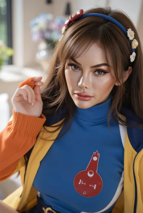 surrealism, High detail, Cinematic lighting, (masterpiece), best quality, perfect face, good anatomy, masterpiece, best quality, bokeh, depth of field, highres, high quality, 1girl, CARTOON_X_MEN’s_Jubilee, ownwaifu, long hair,breasts,brown hair,green eyes...