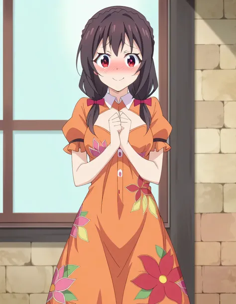 high image quality,high quality、 
Yunyun、 (One person)、(solo)、black hair, red eyes、(青いリボンのponytail:1.2)、(Orange floral dress)、thighs、(an embarrassed smile)、blushes、blue sky、(ponytail)、(Clothes are transparent and the silhouette of the body is visible)