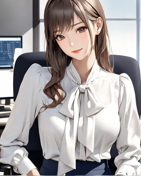 bow blouse, anime - style image, a woman sitting on a chair in the office room, Realistic body structure, A body with perfect style, (((shiny classical and office style white tie-neck blouse))), (((white office style classical tie neck))), seductive anime ...