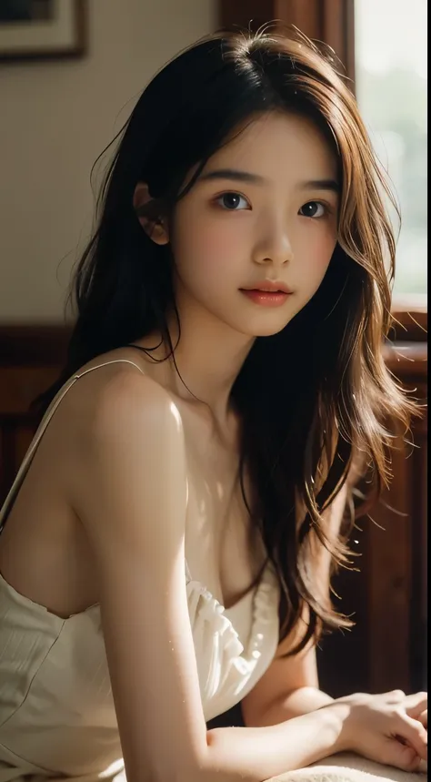 film portrait photography, 1girl, bare shoulders, wavy shoulder-length hair, serene, calm, (realistic detailed eyes, natural skin texture, realistic face details), soft dramatic lighting, depth of field, bokeh, vibrant details, finely detailed, hyperrealis...