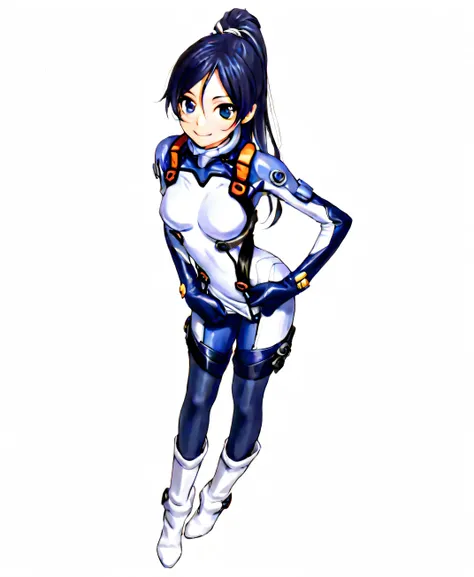 (masterpiece、 top quality、 highest resolution 、 Clear Images 、 Detailed Images、 The angle is from above ): ( one Japanese woman 、 High Ponytail、 Friendly Smiles。 dark blue hair 、 Sparkling blue eyes 、( white and navy blue pilot suit (Enamel Finish )、wh...