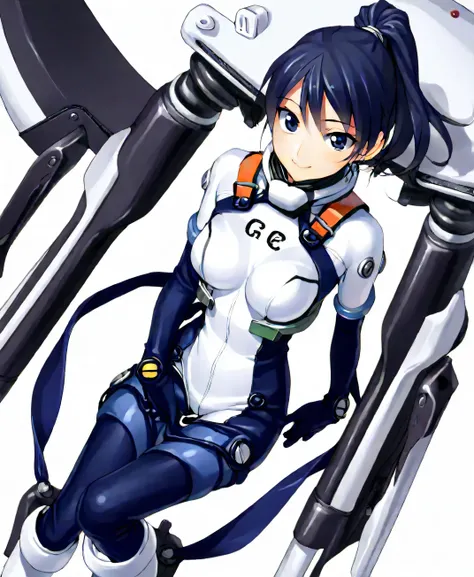 (masterpiece、 top quality、 highest resolution 、 Clear Images 、 Detailed Images、 The angle is from above ): ( one Japanese woman 、 High Ponytail、 Friendly Smiles。 dark blue hair 、 Sparkling blue eyes 、( white and navy blue pilot suit (Enamel Finish )、wh...
