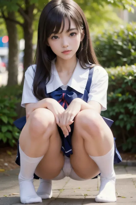 ((1 girl )),(school serafuku, ).21yo. , squatting ,front, from below, crotch focus ,(floating skirt), (micro white panties), medium brown hair, , slender, blush ,((masterpiece)), ((best quality)), ((ultra-detailed)), , ((an extremely delicate and beautiful...