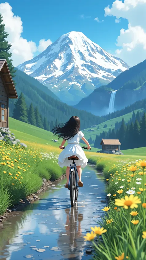 (masterpiece:1.5), (best quality), 8k resolution, Ultra HD details, Real photography style,
The background of a young girl in the center of the picture,Low angle looking up view,She rides a retro bike, wearing a white dress ,long hair flutters with the ...