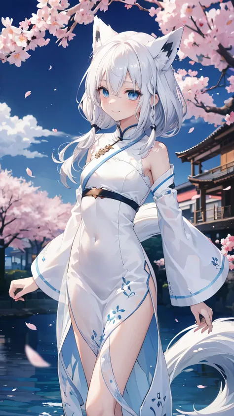 top quality、、(Whitening skin,)、 Silver Hair、light blue eyes,Petite、slender、(,Qipao,),cherry blossoms,smile, fox ears,Fox Tail,,toned body,