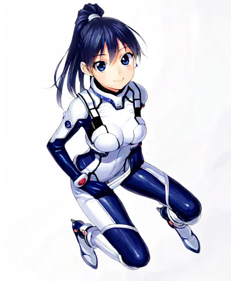 (​masterpiece、 top quality、 highest resolution 、 Clear Images 、 Detailed Images、 The angle is from above ): ( one Japanese woman 、 High Ponytail、  Friendly Smiles。 dark blue hair  、 Sparkling blue eyes 、(  white and navy blue pilot suit （Enamel Finish ）、wh...