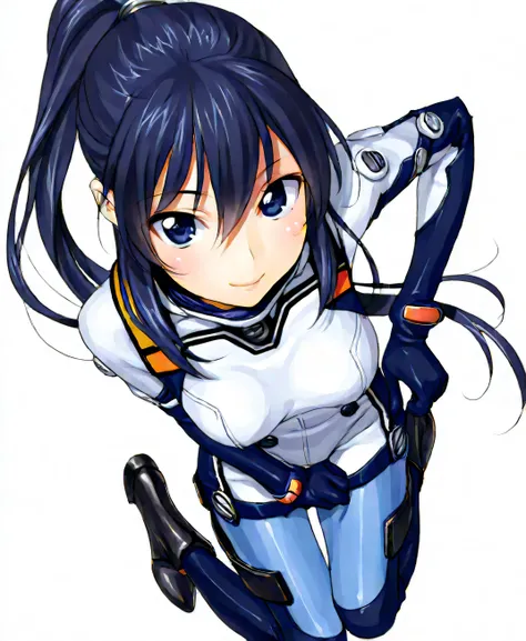 (masterpiece、 top quality、 highest resolution 、 Clear Images 、 Detailed Images、 The angle is from above ): ( one Japanese woman 、 High Ponytail、 Friendly Smiles。 dark blue hair 、 Sparkling blue eyes 、( white and navy blue pilot suit (Enamel Finish )、wh...