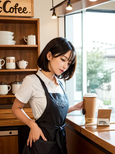  (Bold letters spelling "Coffee Girl" on Counter Stuff Apron :1.4),(High Definition), Lady, Japan Person, Cute, Black Hair Short, wearing Floral Dot Print Round Neck Short Bubble Sleeve Blouse, Flair Long Skirt Solid Color,Trad Style For Female, Glance sid...