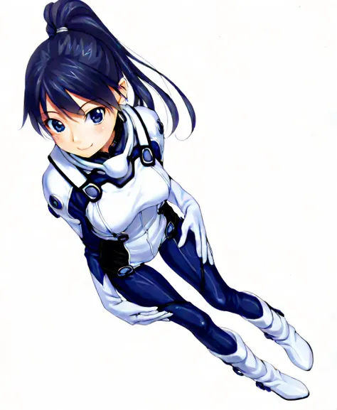 (​masterpiece、 top quality、 highest resolution 、 Clear Images 、 Detailed Images、 The angle is from above ): ( one Japanese woman 、 High Ponytail、  Friendly Smiles。 dark blue hair  、 Sparkling blue eyes 、(  white and navy blue pilot suit （Enamel Finish ）、wh...