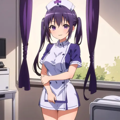 A breathtakingly beautiful 20-year-old woman stands in a warmly lit hospital room, dressed in a white mini-skirt nurse uniform with a matching cap. Her shy smile adds a touch of charm, while the surrounding medical equipment and furnishings create an authe...