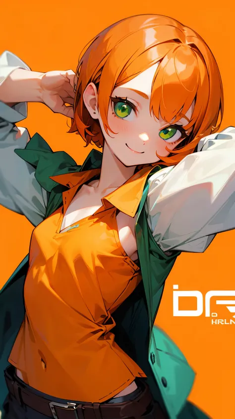 one girl、solo、retina、small breasts、orange hair、bob hair、green eyes、 headshot 、smile、Blouse shirt、orange background