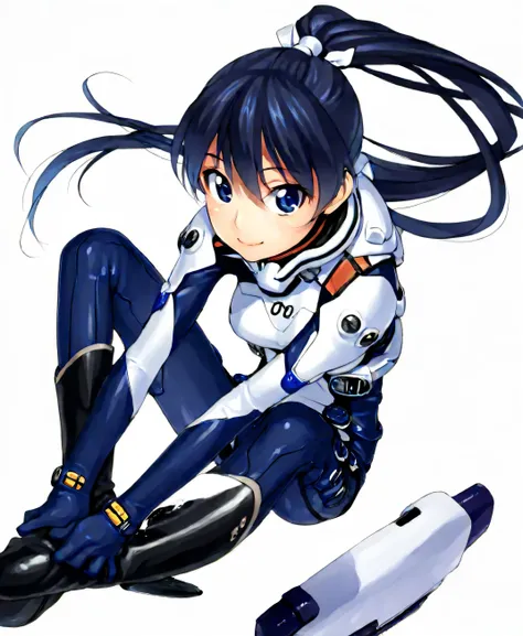 (masterpiece、 top quality、 highest resolution 、 Clear Images 、 Detailed Images、 The angle is from above ): ( one Japanese woman 、 High Ponytail、 Friendly Smiles。 dark blue hair 、 Sparkling blue eyes 、( white and navy blue pilot suit (Enamel Finish )、wh...