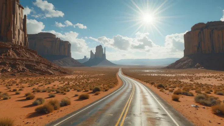 a solitary road that winds with ups and downs identical to route 66, crossing a desert style monument valley as far as the eye can see, under a blue sky and a bright sun, chaude journée d'été, hight details, 8k