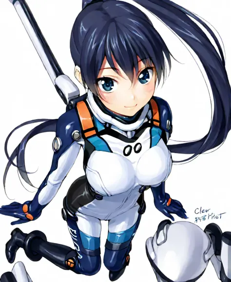 (masterpiece、 top quality、 highest resolution 、 Clear Images 、 Detailed Images、 The angle is from above ): ( one Japanese woman 、 High Ponytail、 Friendly Smiles。 dark blue hair 、 Sparkling blue eyes 、( white and navy blue pilot suit (Enamel Finish )、wh...