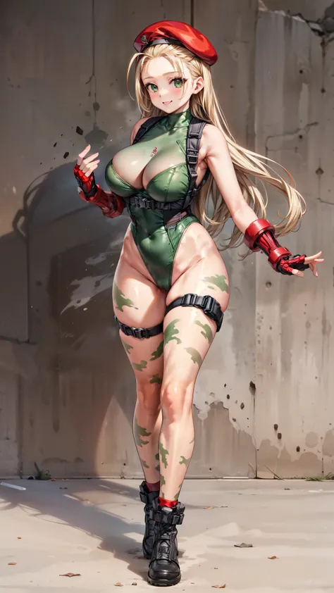 masterpiece、 high image quality、smiles、cammy white, long hair, blonde hair,  antenna hair, beret , (red headwear:1.3), (large breasts), (green leotard、harness), sleeveless, red gloves, fingerless gloves,  camouflage、(full body)