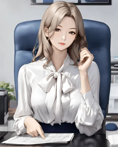 bow blouse, anime - style image, a woman sitting on a chair in the office room, Short cuffs, Realistic body structure, A body with perfect style, (((Pulling a bow tie with one hand))), (((classical and office style Soft material shiny white tie-neck blouse...