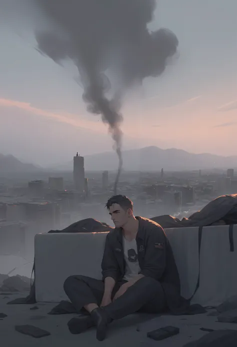 Futuristic Battlefield　1 tired man in his 30s　Black smoke everywhere　is sitting on the rubble　 dim sky　in bed looking up at the sky　