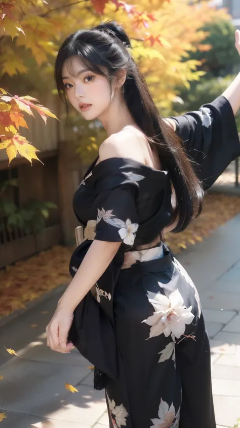 ((Autumn leaves lined street))((dusk)),((A woman walking surrounded by red maples)),(Rear view)、(look back)、(Lip Nail)、(Nail)、Gemstones Refract bright light、(Healthy Skin、Thin Skin、Attractive look、double eyelid、Jelly Lip、Glowing Lips 、Small Mouth、Small upt...