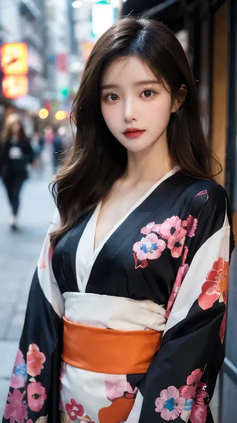 Beautiful supermodel woman with dark hair, A lock of hair with slight highlights, black eyes, mixed media, sexy,Japanese style street background,Colorful kimono , Liquid color flows across her face, Photographed by Yui Aragaki