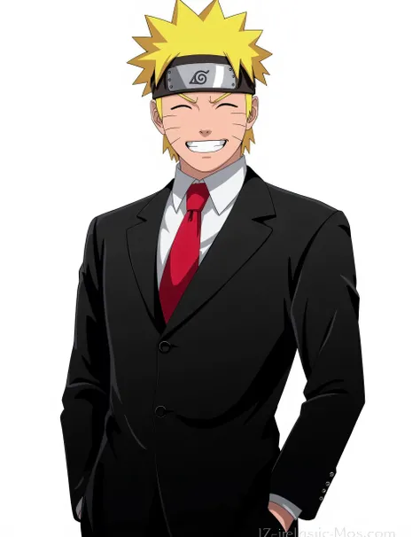 Naruto wears a suit: under his suit he wears a white shirt and a red tie, a smile, The background is black and white.