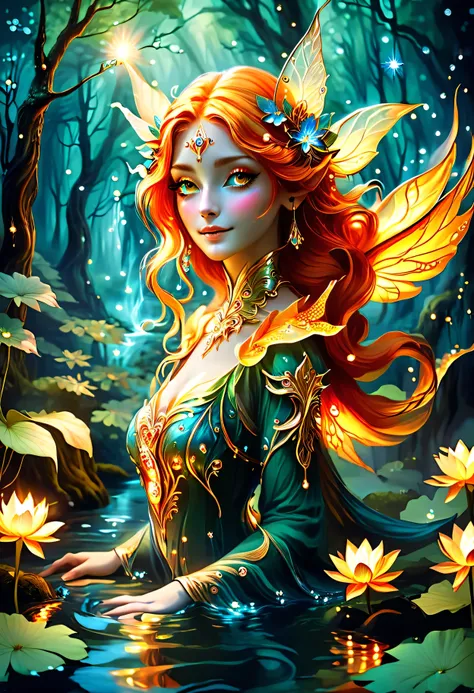 "A celestial fairy, born of fire and light, kneels in the heart of an enchanted forest stream, her presence radiating warmth. Her skin glows like the embers of a sacred flame, with delicate golden veins pulsing in harmony with the stars. Vast wings, forged...