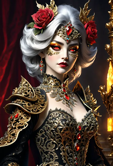 "A regal fantasy woman with silver hair adorned in jeweled accessories, her delicate skin glowing under warm golden light. She wears an ornate crystal-embellished gown with intricate filigree and shimmering embroidery. Beside her, a mysterious masked figur...