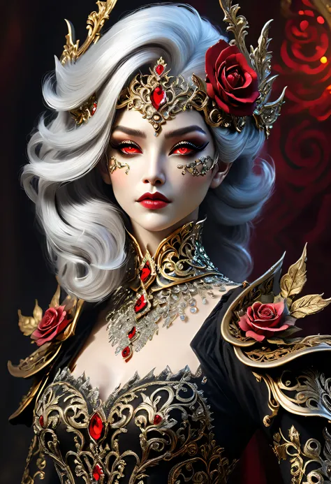 "A regal fantasy woman with silver hair adorned in jeweled accessories, her delicate skin glowing under warm golden light. She wears an ornate crystal-embellished gown with intricate filigree and shimmering embroidery. Beside her, a mysterious masked figur...