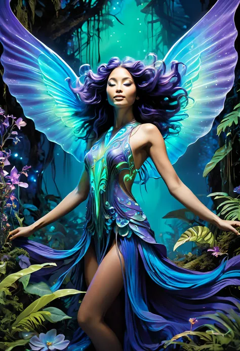 "A luminous spirit glides through a mystical jungle bathed in the glow of a giant moon. Her body is adorned with bioluminescent markings in shades of electric blue, neon green, and deep indigo. Her translucent wings flicker with shifting light, resembling ...