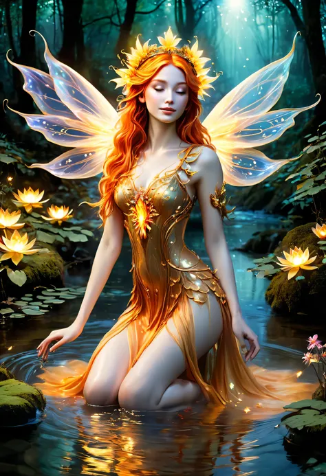"A celestial fairy, born of fire and light, kneels in the heart of an enchanted forest stream, her presence radiating warmth. Her skin glows like the embers of a sacred flame, with delicate golden veins pulsing in harmony with the stars. Vast wings, forged...