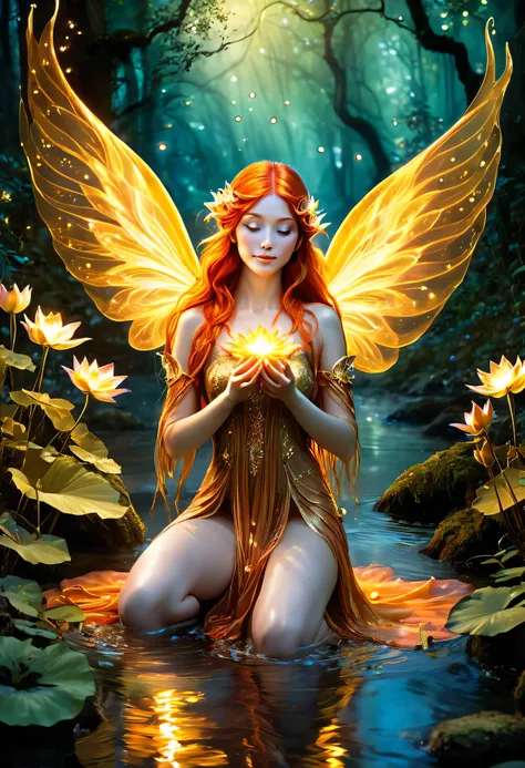 "A celestial fairy, born of fire and light, kneels in the heart of an enchanted forest stream, her presence radiating warmth. Her skin glows like the embers of a sacred flame, with delicate golden veins pulsing in harmony with the stars. Vast wings, forged...
