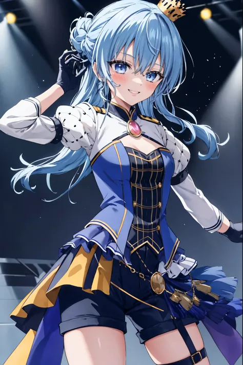 1girl, solo, concert, stage, stage lights, cowboy shot, idol, SuiseiStellar, long hair, half updo, tilted crown, white shrug \(clothing\), juliet sleeves, blue brooch, blue pinstripe shirt, blue vest, half gloves, blue shorts, half-skirt, o-ring thigh stra...