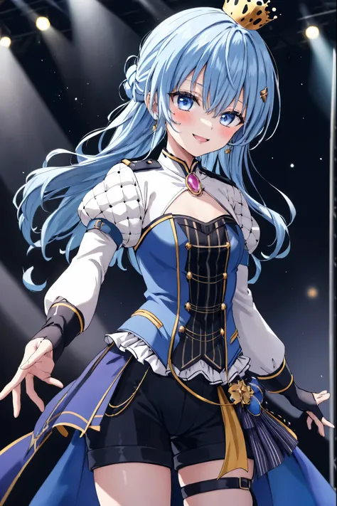 1girl, solo, concert, stage, stage lights, cowboy shot, idol, SuiseiStellar, long hair, half updo, tilted crown, white shrug \(clothing\), juliet sleeves, blue brooch, blue pinstripe shirt, blue vest, half gloves, blue shorts, half-skirt, o-ring thigh stra...