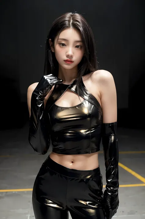 A petite, elegant woman in black hoodie with a strong, confident demeanor, standing approximately 5'2". She has shoulder-length black hair that flows gently around her face, almond-shaped eyes, and a soft, radiant complexion. She wears a sleek combat outfi...
