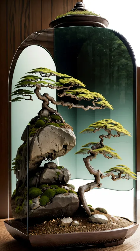 High quality Japanese bonsai illustrations,quaint Japanese garden background,A realistic depiction that perfectly captures every detail of bonsai,Composition reflecting Japan's sense of beauty,Delicate wood grain and texture,Beautiful contrast of light and...