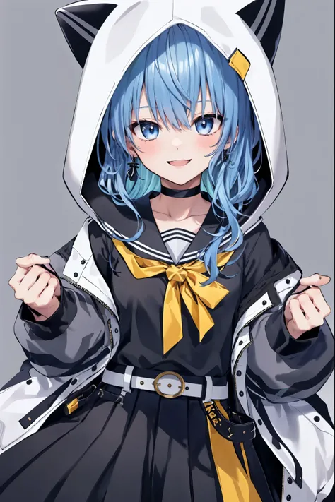 1girl, solo, detailed face,SuiseiSchool, long hair, black serafuku, black shirt, black choker, yellow bowtie, grey belt, black skirt, white jacket, hood up, cat hood, open jacket,smile,.
