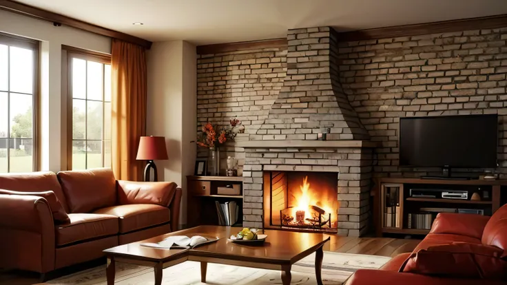 fireplace and sofa 、Living room with arafe with flat screen TV, Cozy place, Modern rustic ,  warm living room, cozy living room, Warm Interior , cozy atmosphere, Cozy and peaceful, Warm Interior s, cozy environment with bakery inside , Cozy fireplace,  war...