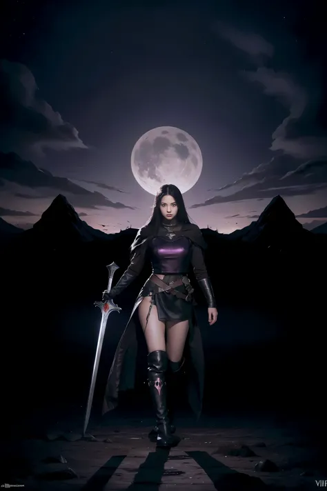 dark souls, black sun, boss battle, epic sword in hands full body 1girl, solo, very cute, beautiful, long hair, purple eyes, cute, night, dim lighting, looking at viewer detailed background