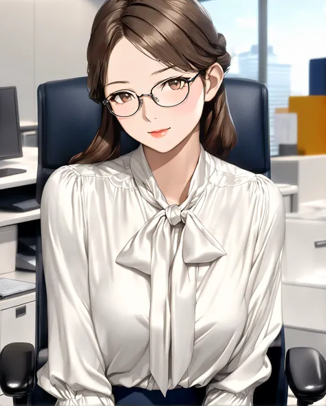 bow blouse, anime - style image, a woman sitting on a chair in the office room, (((A woman wearing rimless glasses))), Short cuffs, Realistic body structure, A body with perfect style, (((A pose with arms spread wide))), (((classical and office style Soft ...