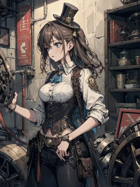 earring, big breasts, medium hair, black hair, sexy, erotic, seductive, Sensual, adult body, sweat, cowboy shot, steampunk fashion, corset, waistcoat, high-collared blouse, top hat with mechanical gears,
