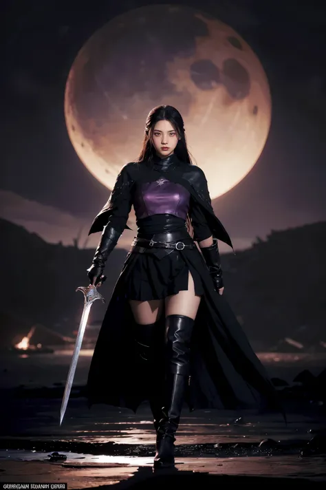 dark souls, black sun, boss battle, epic sword in hands full body 1girl, solo, very cute, beautiful, long hair, purple eyes, cute, night, dim lighting, looking at viewer detailed background