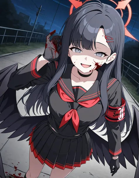 score_9, score_8_up, score_7_up, source_anime, 1girl, solo, ichika-default, ichika (blue archive), gray eyes, black hair, long hair, hairclip, halo, choker, wings, school uniform, neckerchief, black shirt, black skirt, black socks, black footwear, armband,...