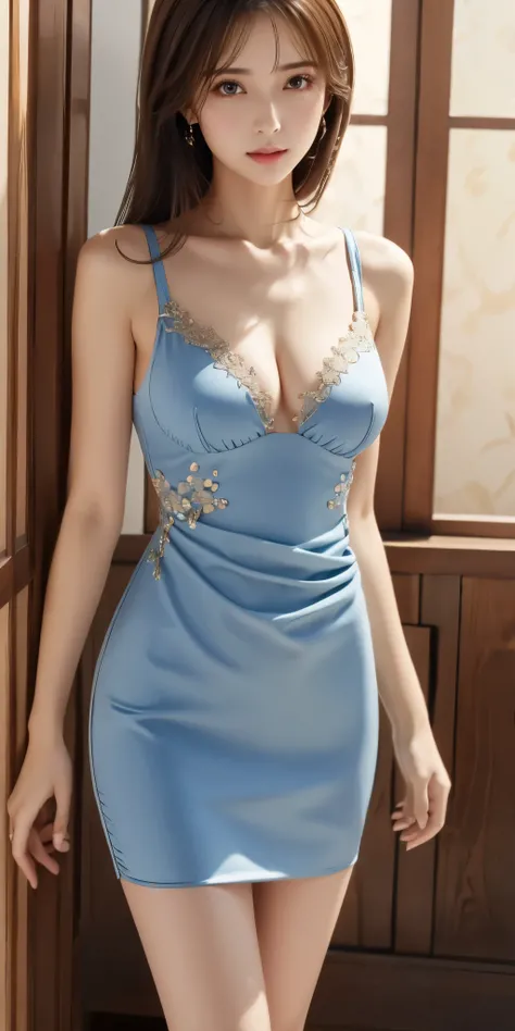 blue dress、Nice dress、 glamorous dress、Costume、Sheer Mysterious Dress、Delicate Embroidery、palace、slightly larger breasts、