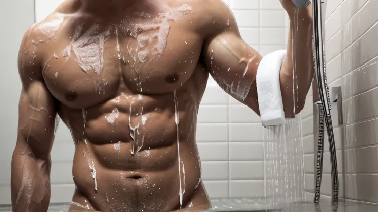 The image shows a close-up view of a man's torso as he takes a shower. Water streams down his muscular physique, and soap suds are visible on his body and hands, indicating he's in the process of bathing. The bathroom appears to have beige or light brown t...