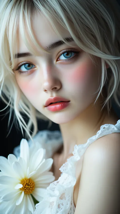 8k, Masterpiece, Top Quality, Close-up, three-quarter, pale skin, blush, light eyes, muted pink lips, wavy bob, pale blonde hair, white flower, sheer garment, ruffled detailing, soft lighting, diffused shadows, dark background, indistinct background, delic...