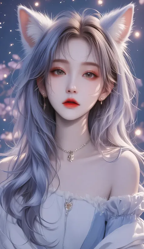 modern Asian beauty,25 years old,, delicate melon face ,Moist Apricot Eye,wearing a high-quality slim dress(Powder blue gradient+Silver-white border),Silvery white waist-length hair,furry fox ears on the head,The body is full of curves(Proud fit+ Slim Wais...