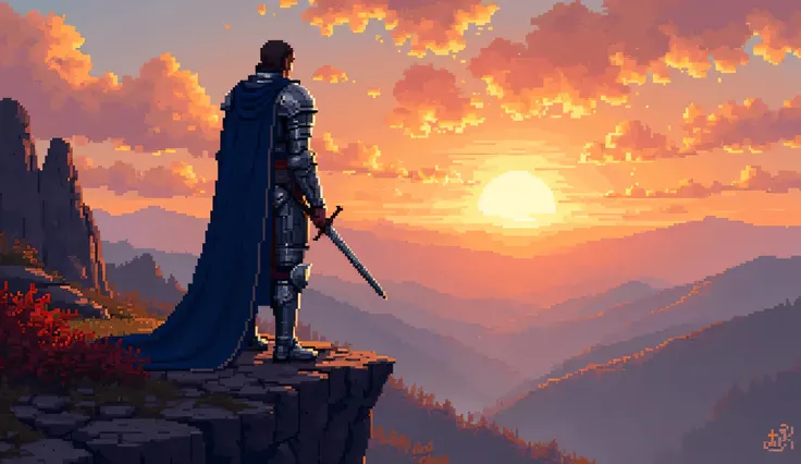 A highly detailed pixel art scene of a lone armored knight stands majestically on the craggy edge of a rocky cliff, absorbed in contemplation as a stunning sunset sweeps across the vast landscape in shimmering hues of golden amber, burnt orange, and deep v...