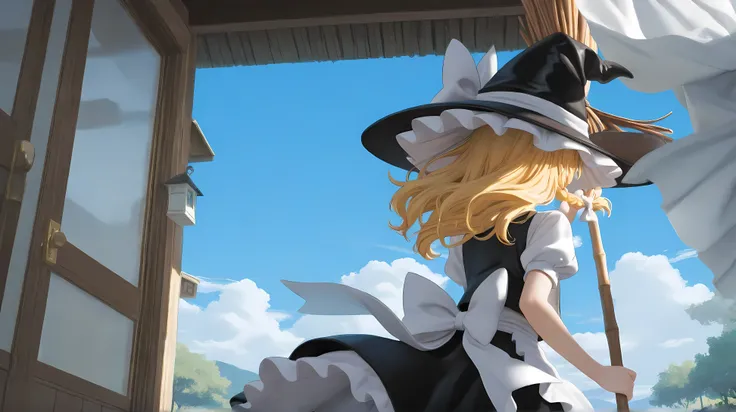 kirisame marisa,difficult、 flying in the air with a broom 、blue sky entrance clouds、Underneath are mountains, small shrines, and remote villages、Windswept Hat and Hair、Marisa turns her back、greatest masterpiece、 perfect light、