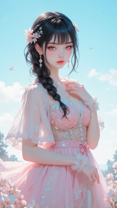 8k, Masterpiece, Top Quality, Low-angle.  Pale skin. Dark hair.  Braid. Serene.  Sheer. Sequined. Pastel blue. Tulle. Pink.  Delicate accessories.  Elegant.  Flowing skirt.  Posing.  Slightly off-camera gaze.  Floral. Pastel sky. Dreamlike. Soft focus.  Li...