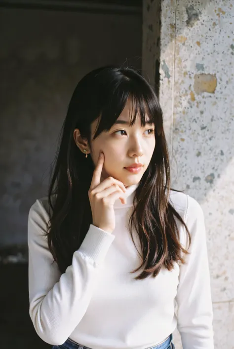 best quality, 1 beautiful woman, 2, S, 20mm Lens , concrete background、Mortar style background、thick white turtleneck knit、Mortar wall,from below、 straight hair 、 straight hair 、shiny hair,smooth hair in a Japanese-style room without windows、brown、Hair Col...