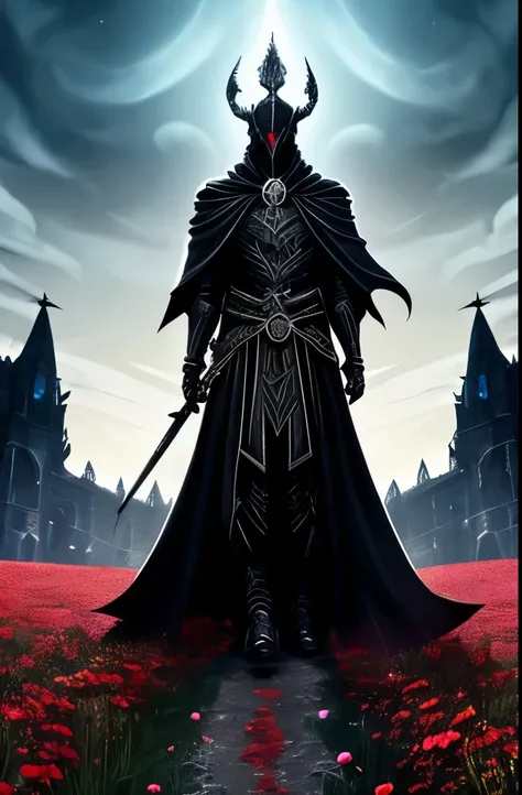 Amidst a vibrant field of red flowers, a formidable skeletal figure stands tall, draped in dark, intricate armor that reflects a majestic yet foreboding aura. Clad in a flowing black cape that billows against a backdrop of ethereal green flames, the figure...